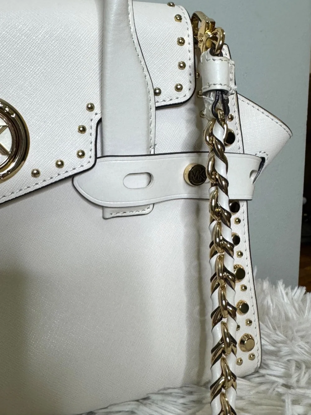 Michael Kors White Leather Studded Satchel Bag w/ Strap & Dust Bag